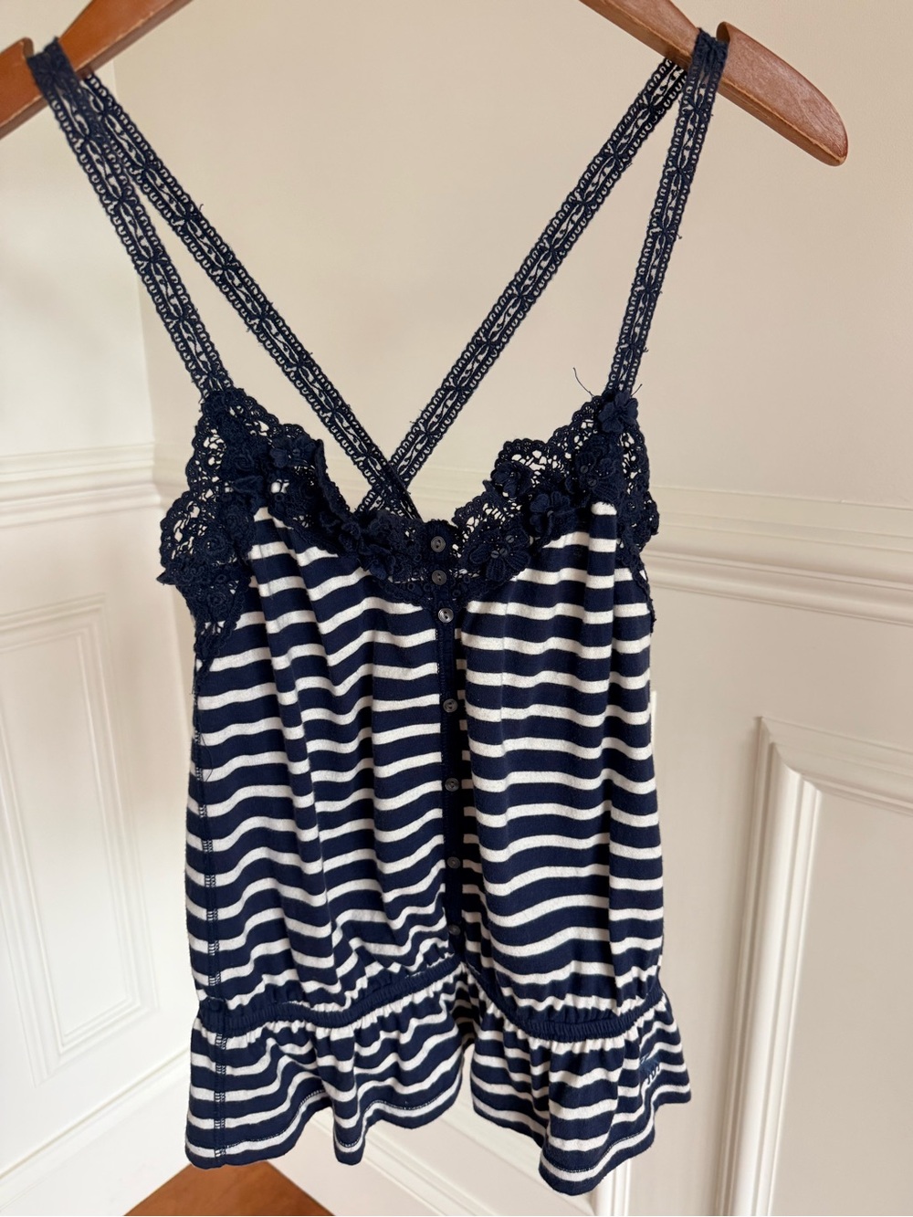 Abercrombie & Fitch Women Navy & White Striped flower Lace-Trim Tank Top Size M
